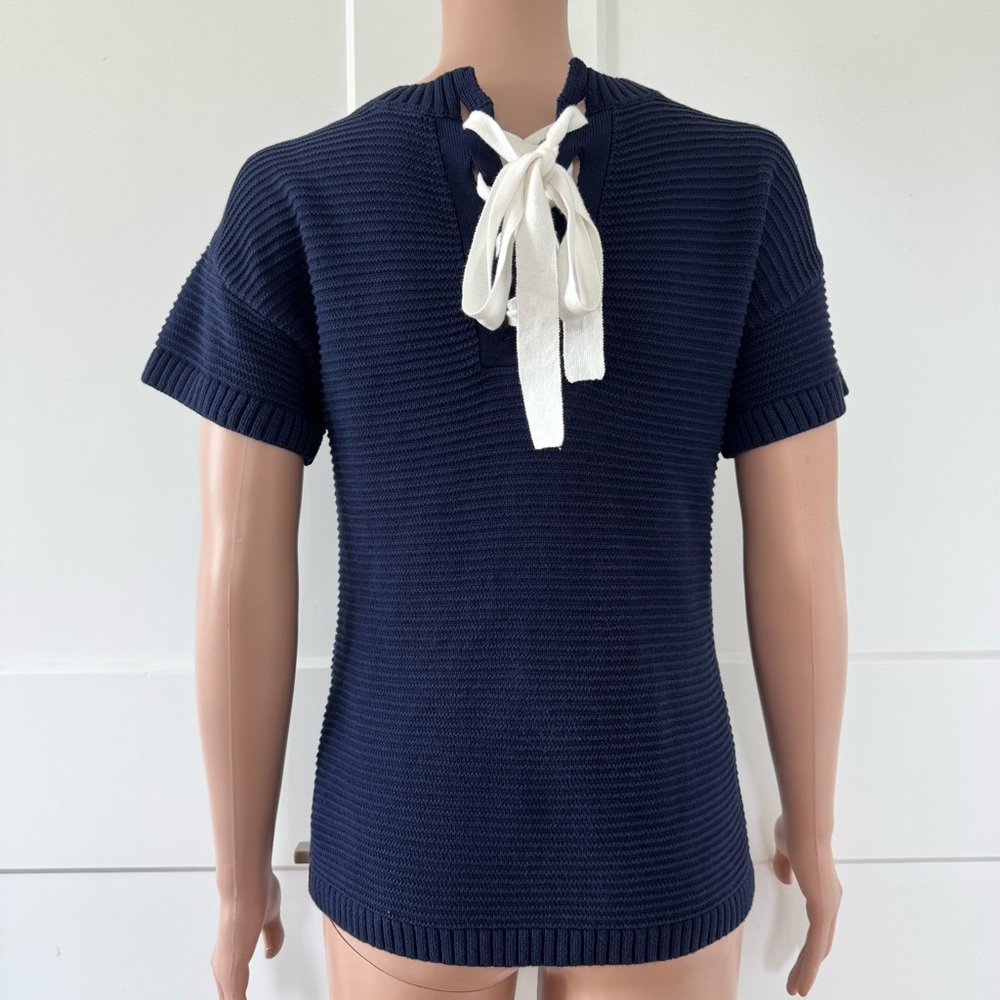 Gap Navy Blue Ribbed Short Sleeves Sweater Tee Top White Tie Strap XSP XS Petite - Picture 4 of 4